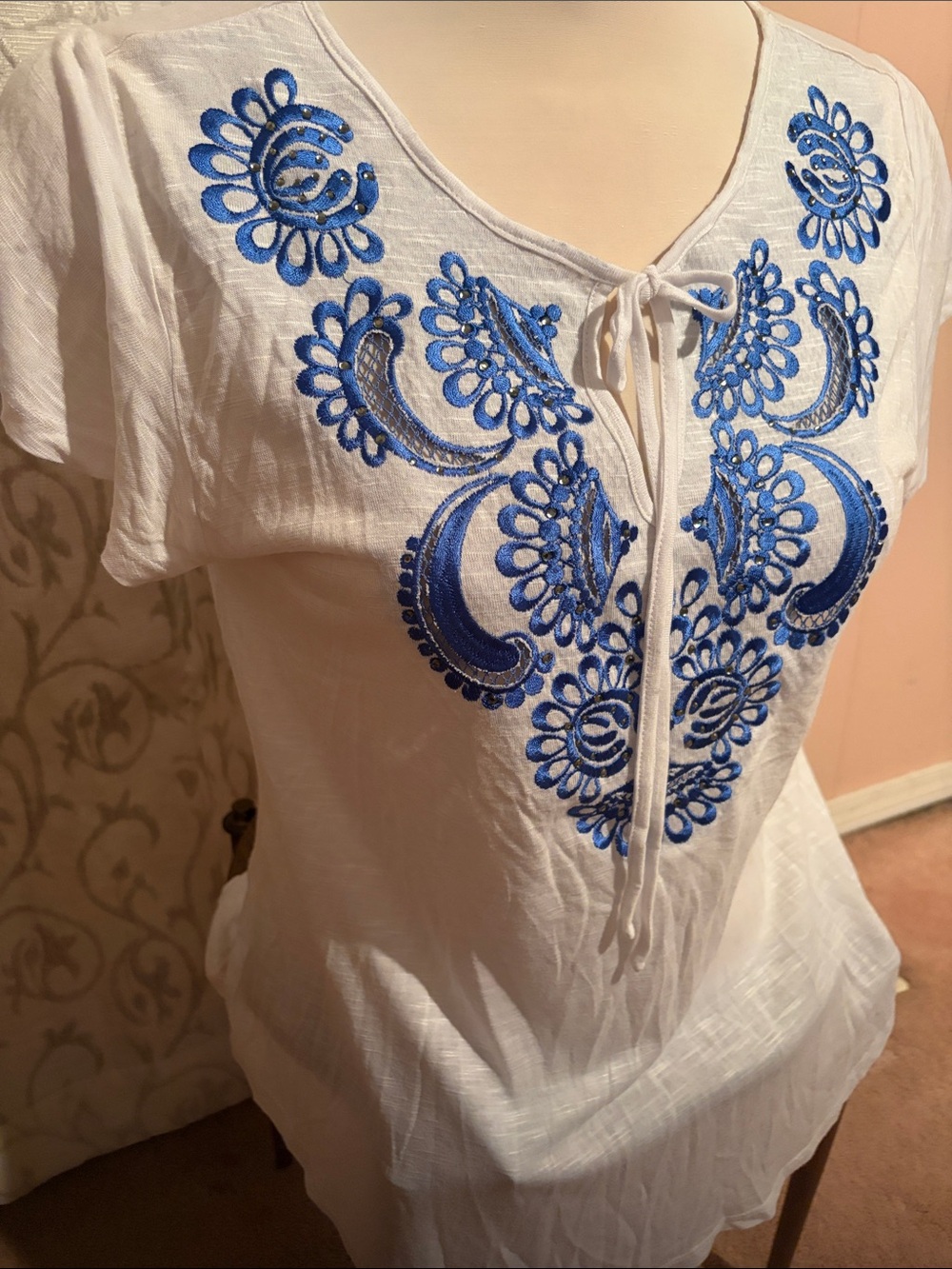 White Tunic Top with Blue Embroidered Yoke
